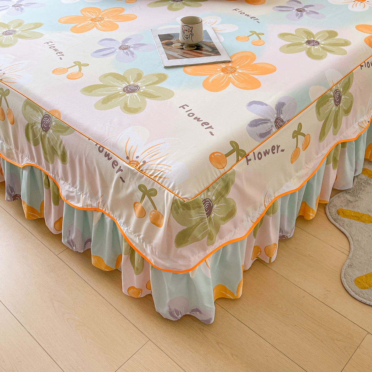 91家纺网 家纺一手货源 找家纺 笠裙家纺 2025新款A类水洗棉韩版S边花边印花床裙四件套 浅花