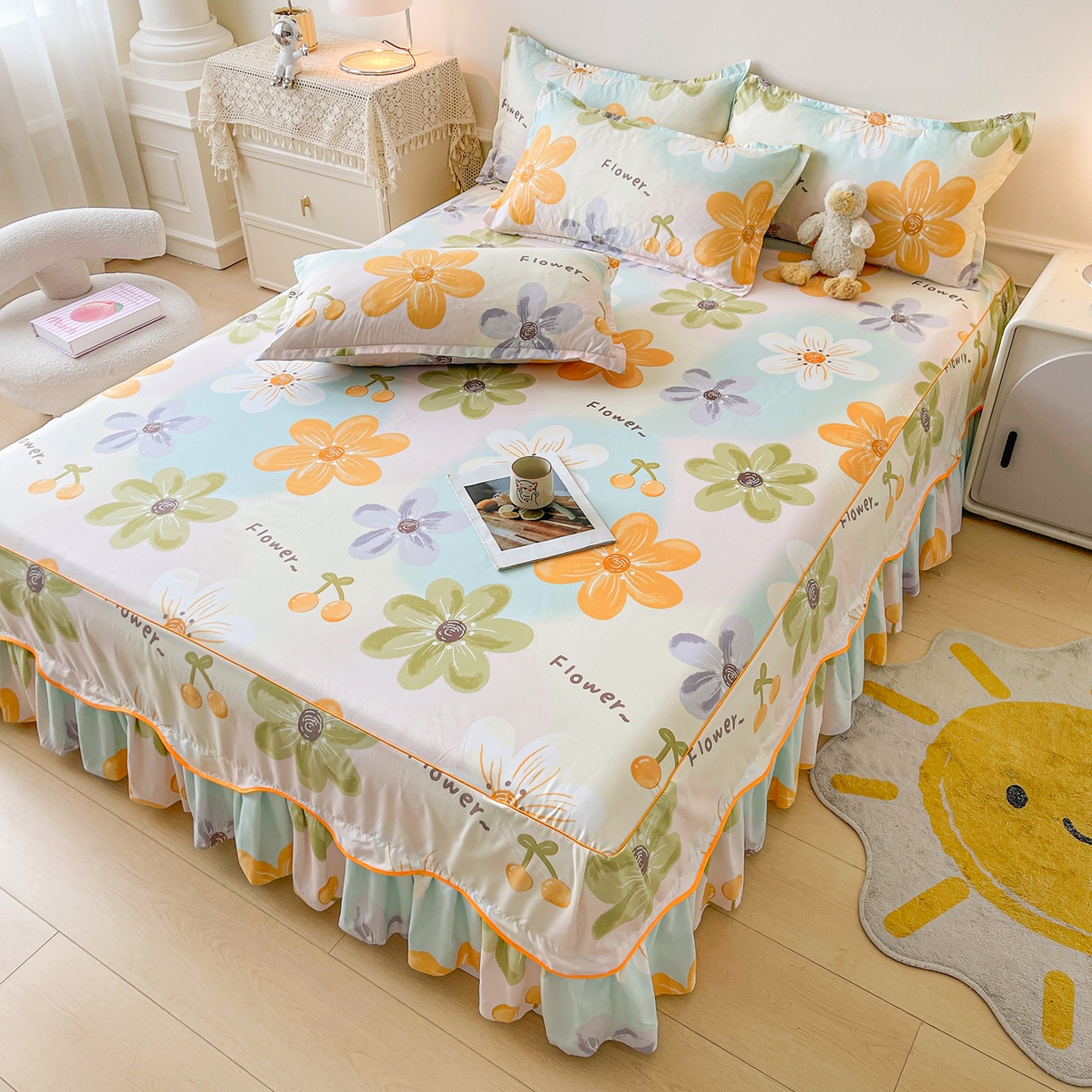 91家纺网 家纺一手货源 找家纺 笠裙家纺 2025新款A类水洗棉韩版S边花边印花床裙四件套 浅花