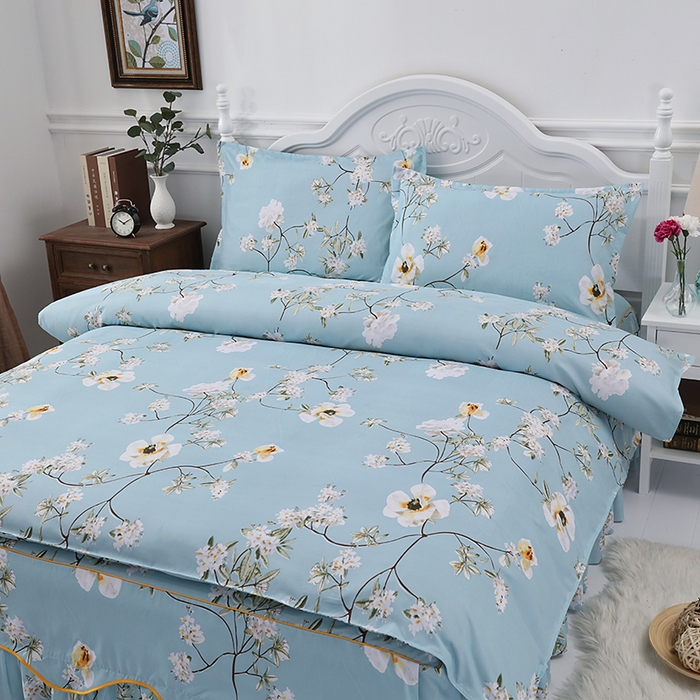 91家纺网 家纺一手货源 找家纺 笠裙家纺 2025新款A类水洗棉韩版S边花边印花床裙四件套 情意正浓