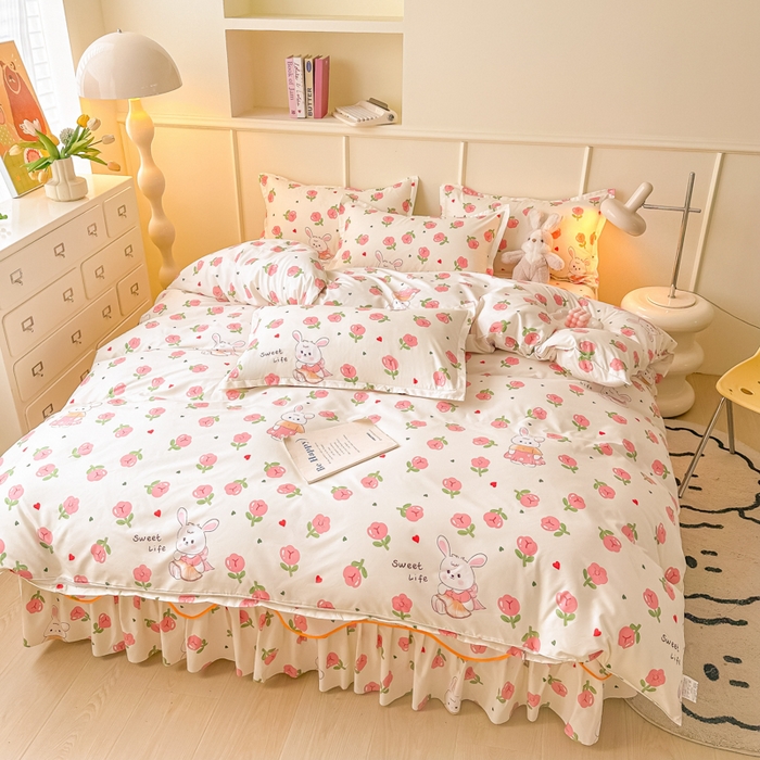 91家纺网 家纺一手货源 找家纺 笠裙家纺 2025新款A类水洗棉韩版S边花边印花床裙四件套 小兔