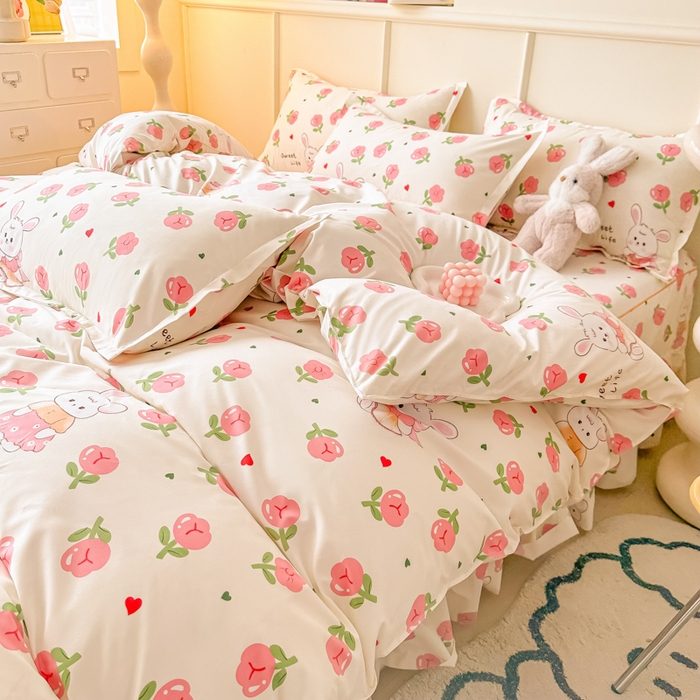 91家纺网 家纺一手货源 找家纺 笠裙家纺 2025新款A类水洗棉韩版S边花边印花床裙四件套 小兔