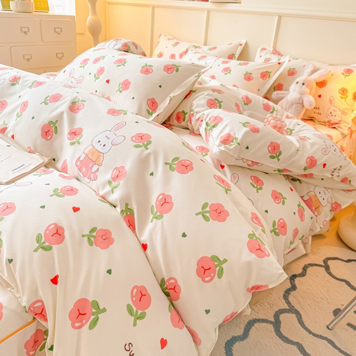 91家纺网 家纺一手货源 找家纺 笠裙家纺 2025新款A类水洗棉韩版S边花边印花床裙四件套 小兔