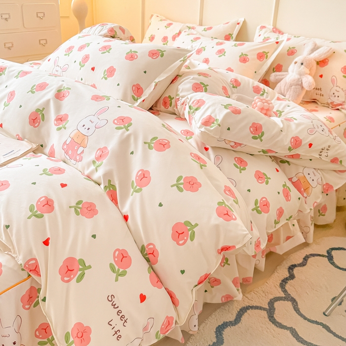 91家纺网 家纺一手货源 找家纺 笠裙家纺 2025新款A类水洗棉韩版S边花边印花床裙四件套 小兔