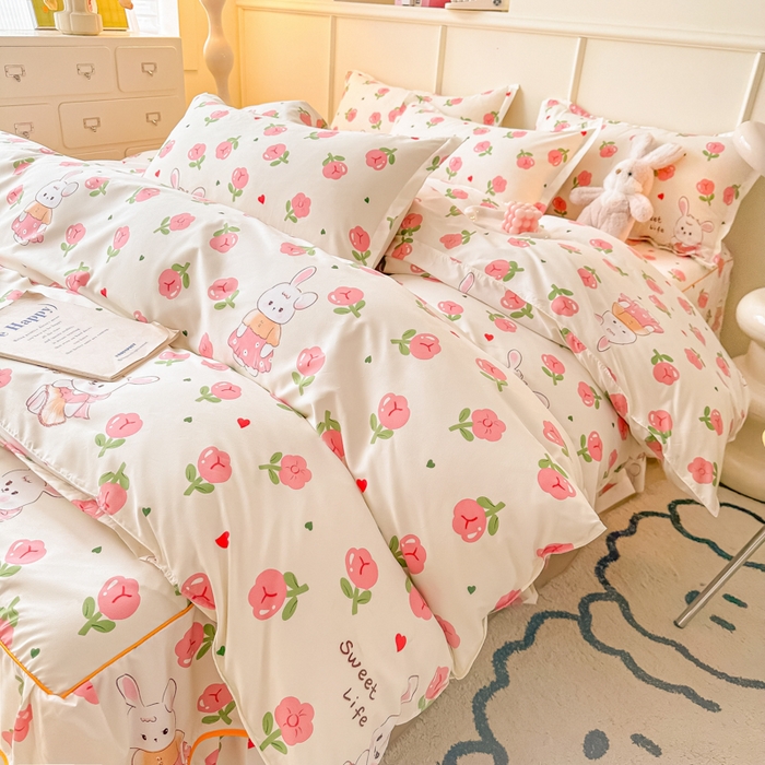 91家纺网 家纺一手货源 找家纺 笠裙家纺 2025新款A类水洗棉韩版S边花边印花床裙四件套 小兔