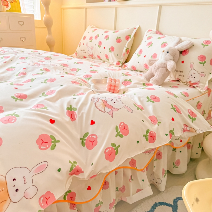 91家纺网 家纺一手货源 找家纺 笠裙家纺 2025新款A类水洗棉韩版S边花边印花床裙四件套 小兔