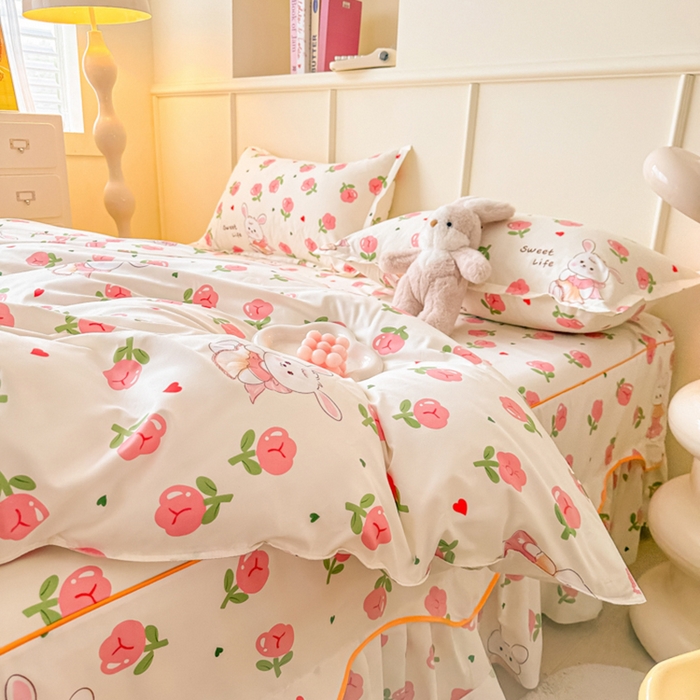 91家纺网 家纺一手货源 找家纺 笠裙家纺 2025新款A类水洗棉韩版S边花边印花床裙四件套 小兔