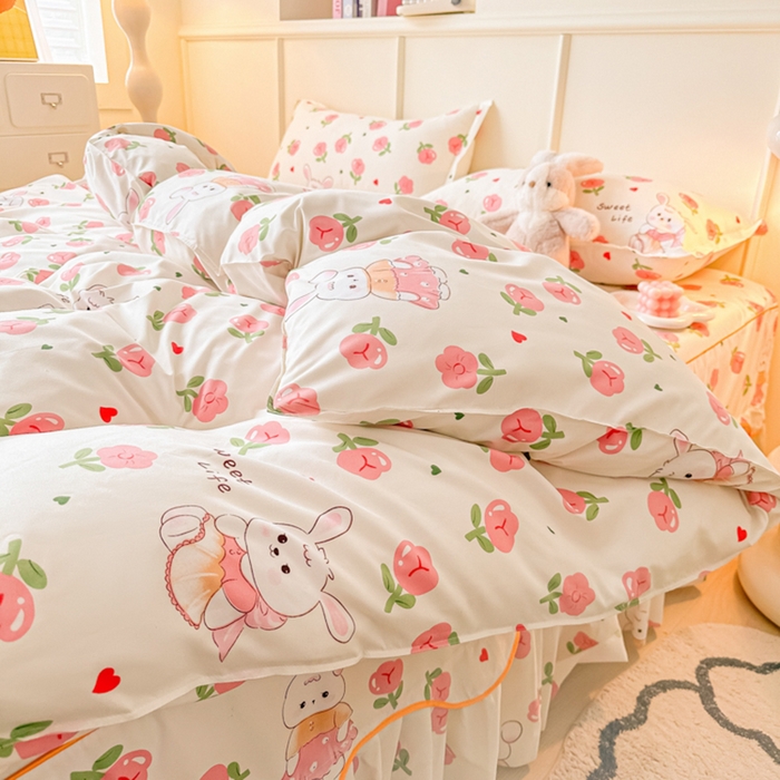 91家纺网 家纺一手货源 找家纺 笠裙家纺 2025新款A类水洗棉韩版S边花边印花床裙四件套 小兔