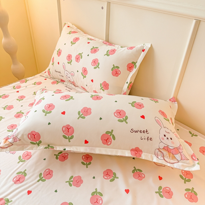 91家纺网 家纺一手货源 找家纺 笠裙家纺 2025新款A类水洗棉韩版S边花边印花床裙四件套 小兔