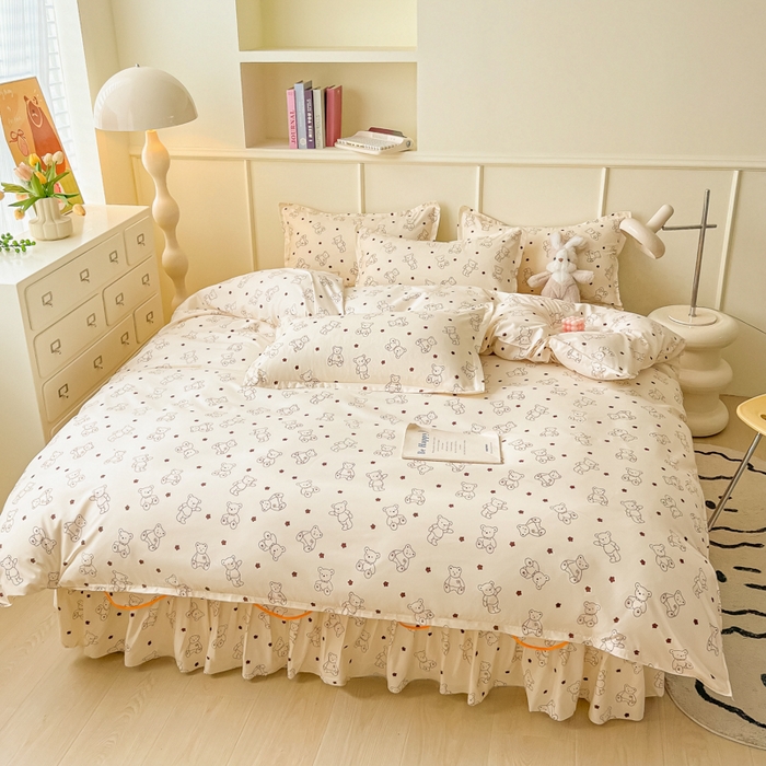 91家纺网 家纺一手货源 找家纺 笠裙家纺 2025新款A类水洗棉韩版S边花边印花床裙四件套 小熊