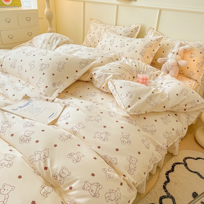 91家纺网 家纺一手货源 找家纺 笠裙家纺 2025新款A类水洗棉韩版S边花边印花床裙四件套 小熊