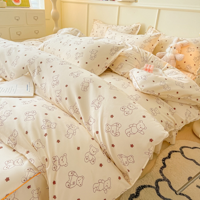 91家纺网 家纺一手货源 找家纺 笠裙家纺 2025新款A类水洗棉韩版S边花边印花床裙四件套 小熊