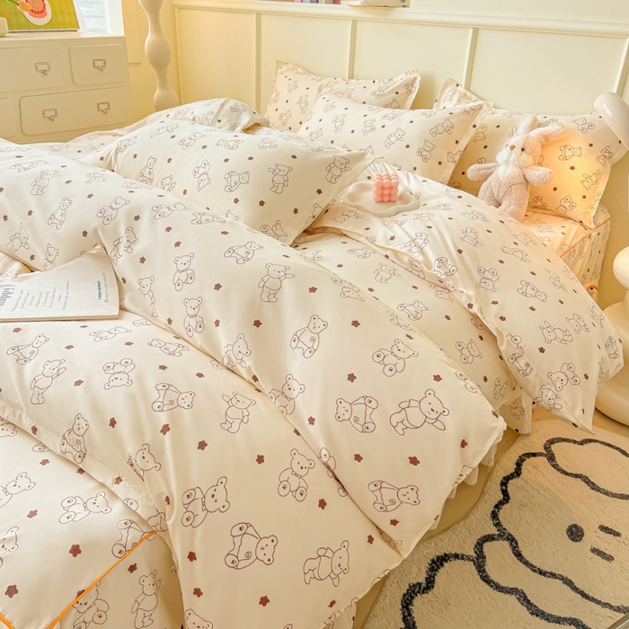 91家纺网 家纺一手货源 找家纺 笠裙家纺 2025新款A类水洗棉韩版S边花边印花床裙四件套 小熊