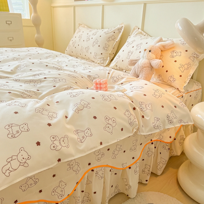 91家纺网 家纺一手货源 找家纺 笠裙家纺 2025新款A类水洗棉韩版S边花边印花床裙四件套 小熊