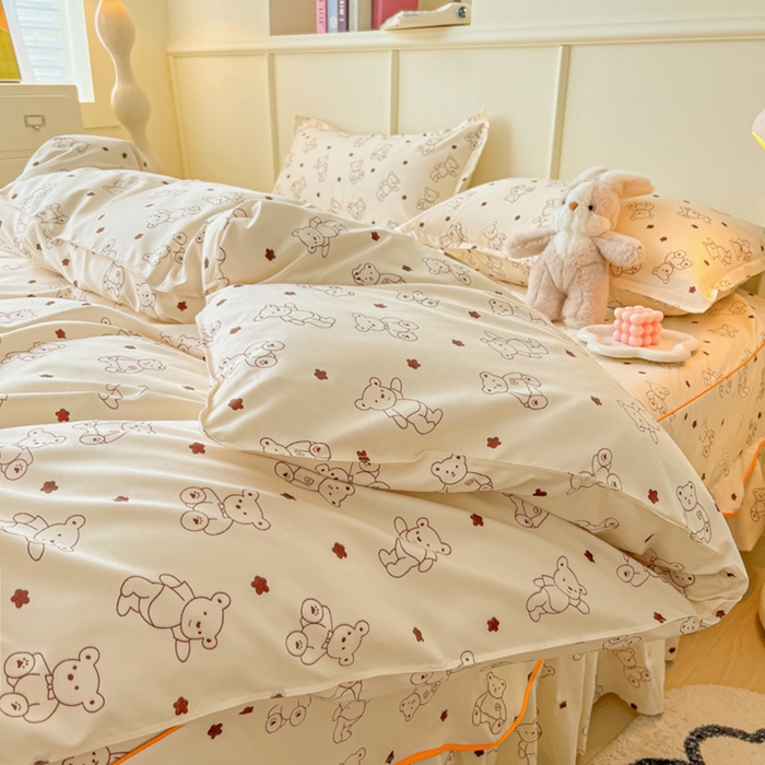 91家纺网 家纺一手货源 找家纺 笠裙家纺 2025新款A类水洗棉韩版S边花边印花床裙四件套 小熊