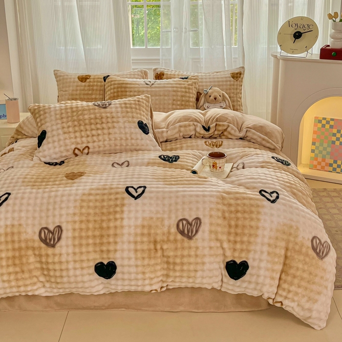 91家纺网 家纺一手货源 找家纺 梦纤绒 2025新款保暖舒适亲肤泡泡绒四件套 鸡心棕