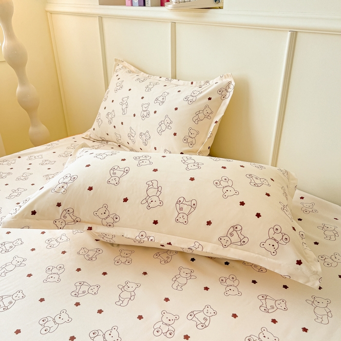 91家纺网 家纺一手货源 找家纺 笠裙家纺 2025新款A类水洗棉韩版S边花边印花床裙四件套 小熊