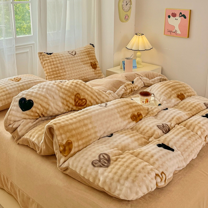 91家纺网 家纺一手货源 找家纺 梦纤绒 2025新款保暖舒适亲肤泡泡绒四件套 鸡心棕