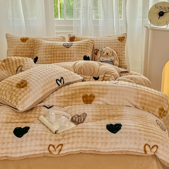 91家纺网 家纺一手货源 找家纺 梦纤绒 2025新款保暖舒适亲肤泡泡绒四件套 鸡心棕