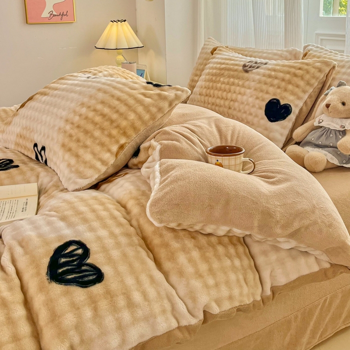 91家纺网 家纺一手货源 找家纺 梦纤绒 2025新款保暖舒适亲肤泡泡绒四件套 鸡心棕