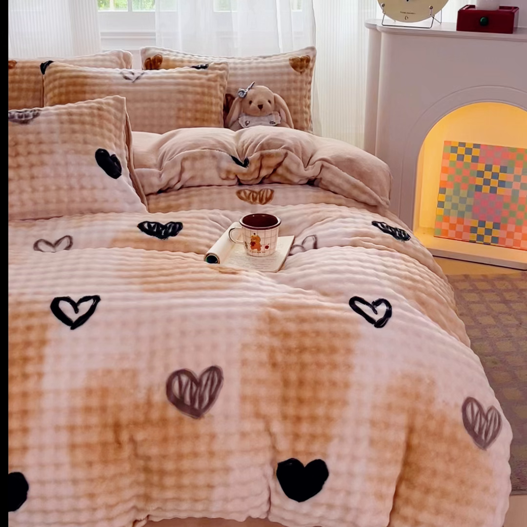 91家纺网 家纺一手货源 找家纺 梦纤绒 2025新款保暖舒适亲肤泡泡绒四件套 鸡心棕