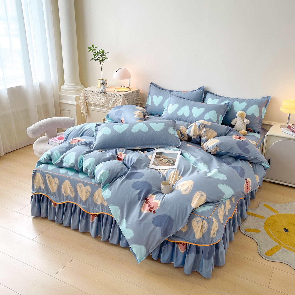 91家纺网 家纺一手货源 找家纺 笠裙家纺 2025新款A类水洗棉韩版S边花边印花床裙四件套 心定律