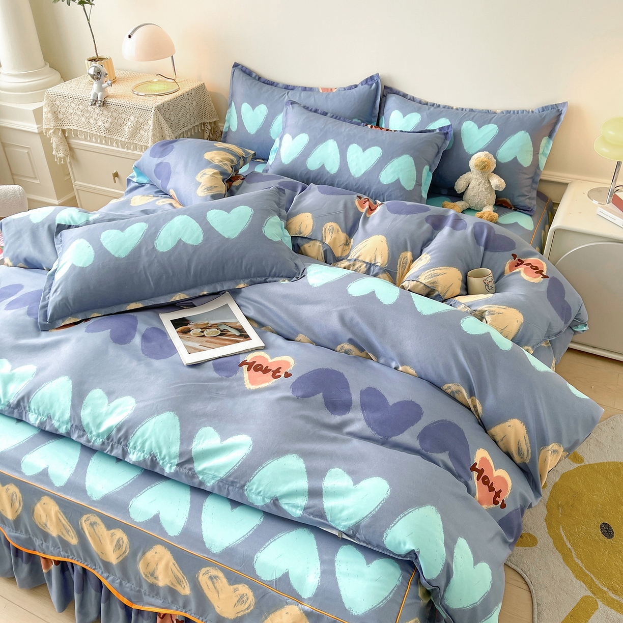 91家纺网 家纺一手货源 找家纺 笠裙家纺 2025新款A类水洗棉韩版S边花边印花床裙四件套 心定律