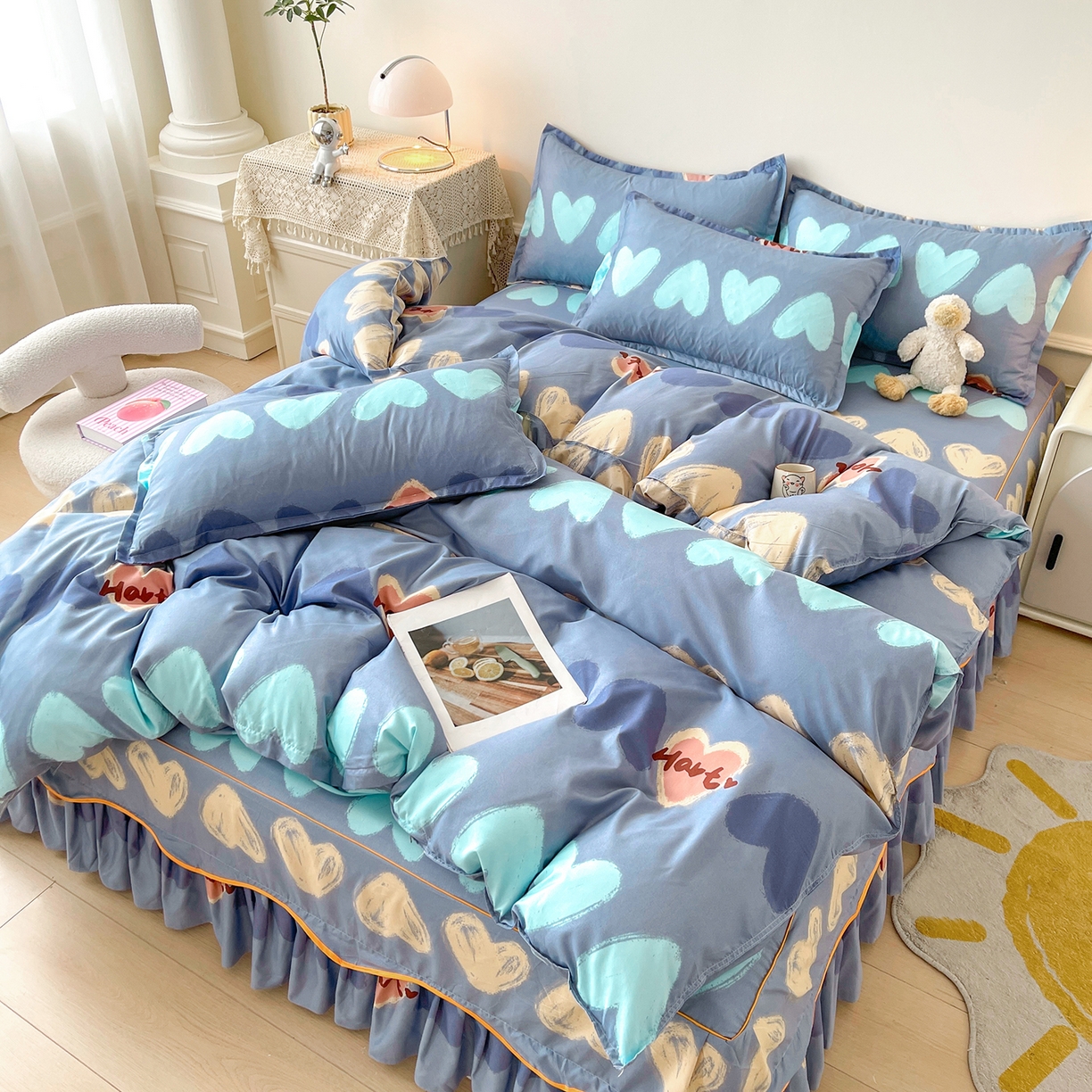 91家纺网 家纺一手货源 找家纺 笠裙家纺 2025新款A类水洗棉韩版S边花边印花床裙四件套 心定律