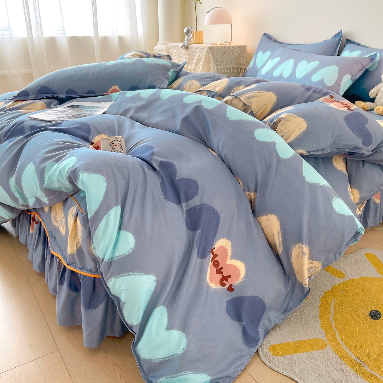 91家纺网 家纺一手货源 找家纺 笠裙家纺 2025新款A类水洗棉韩版S边花边印花床裙四件套 心定律