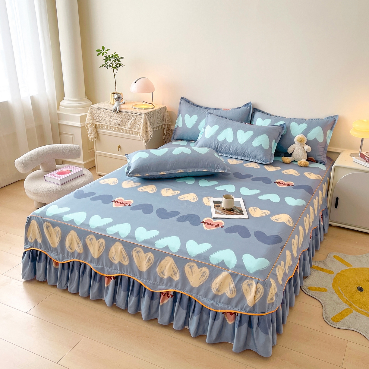 91家纺网 家纺一手货源 找家纺 笠裙家纺 2025新款A类水洗棉韩版S边花边印花床裙四件套 心定律