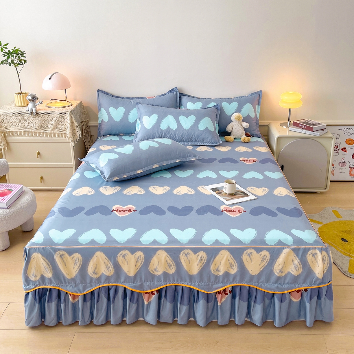 91家纺网 家纺一手货源 找家纺 笠裙家纺 2025新款A类水洗棉韩版S边花边印花床裙四件套 心定律