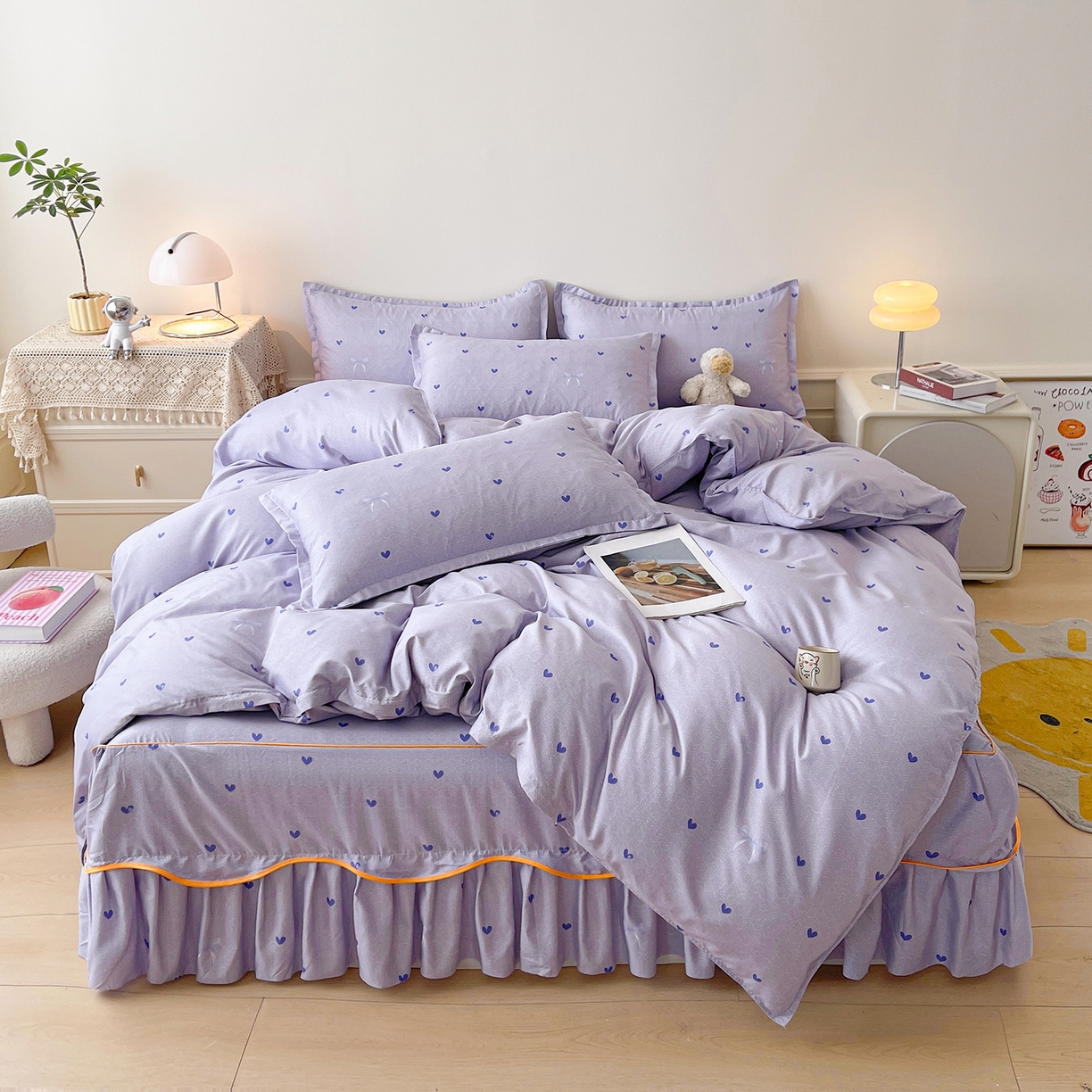 91家纺网 家纺一手货源 找家纺 笠裙家纺 2025新款A类水洗棉韩版S边花边印花床裙四件套 心律