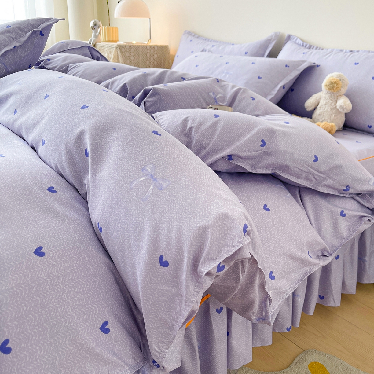 91家纺网 家纺一手货源 找家纺 笠裙家纺 2025新款A类水洗棉韩版S边花边印花床裙四件套 心律