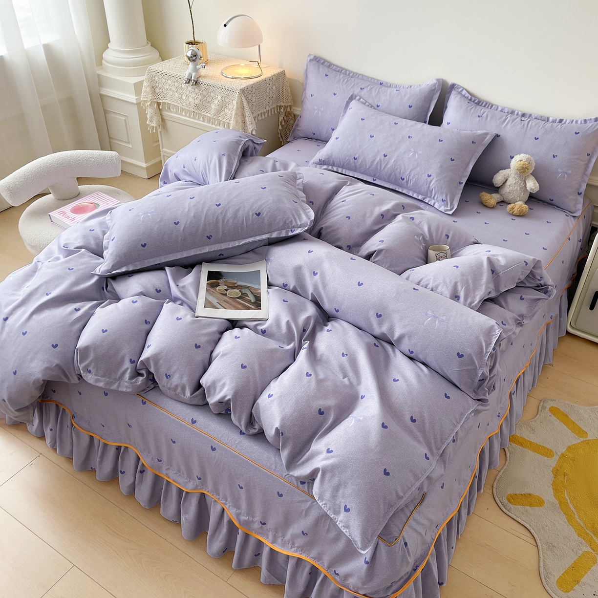 91家纺网 家纺一手货源 找家纺 笠裙家纺 2025新款A类水洗棉韩版S边花边印花床裙四件套 心律