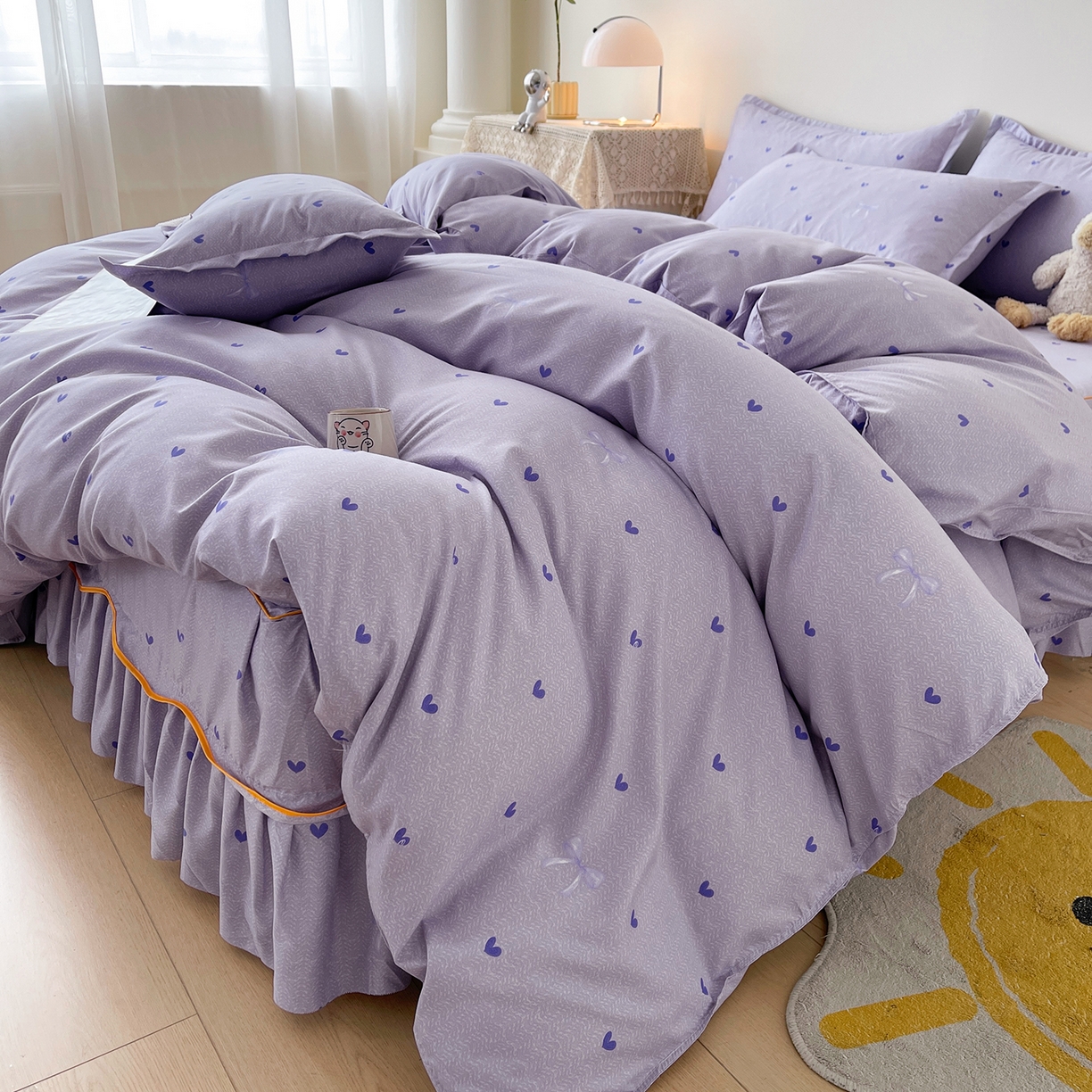 91家纺网 家纺一手货源 找家纺 笠裙家纺 2025新款A类水洗棉韩版S边花边印花床裙四件套 心律