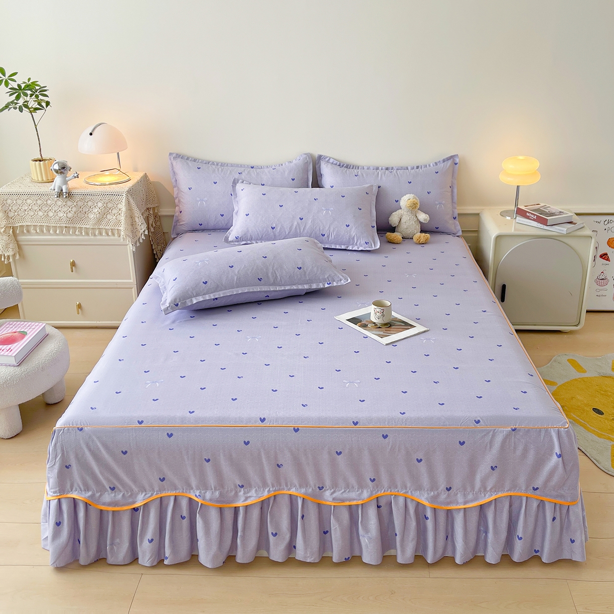 91家纺网 家纺一手货源 找家纺 笠裙家纺 2025新款A类水洗棉韩版S边花边印花床裙四件套 心律