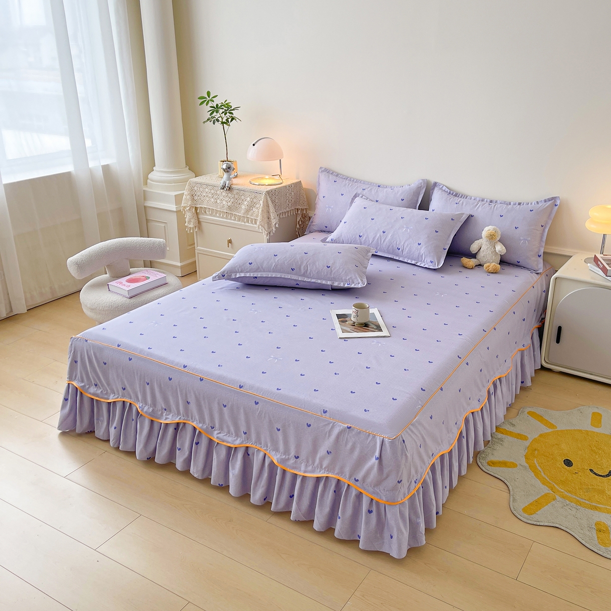 91家纺网 家纺一手货源 找家纺 笠裙家纺 2025新款A类水洗棉韩版S边花边印花床裙四件套 心律