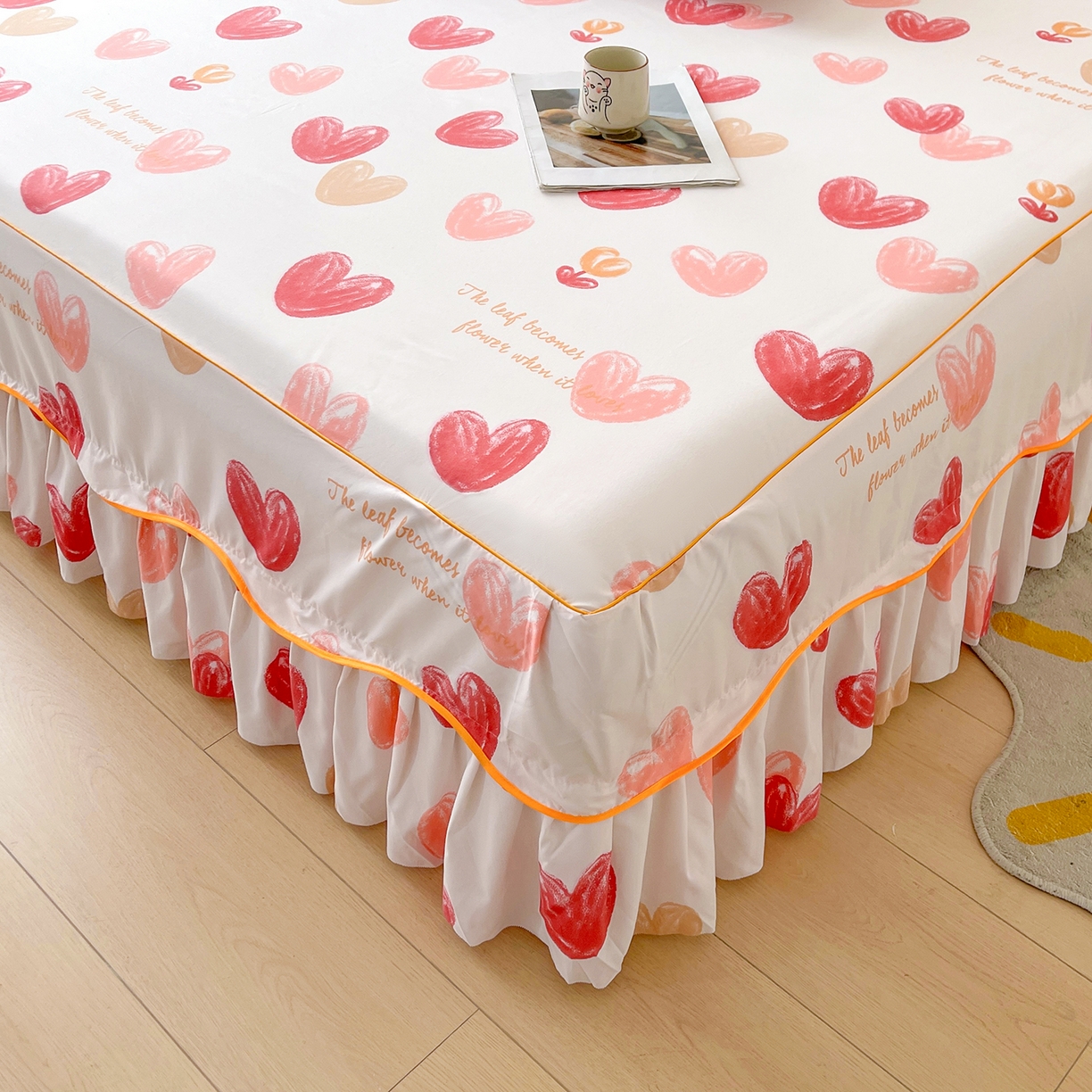 91家纺网 家纺一手货源 找家纺 笠裙家纺 2025新款A类水洗棉韩版S边花边印花床裙四件套 心尚