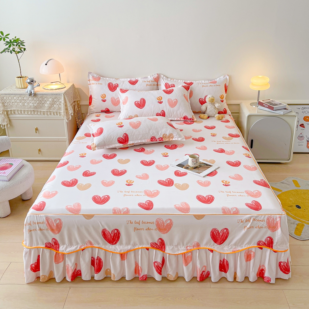 91家纺网 家纺一手货源 找家纺 笠裙家纺 2025新款A类水洗棉韩版S边花边印花床裙四件套 心尚