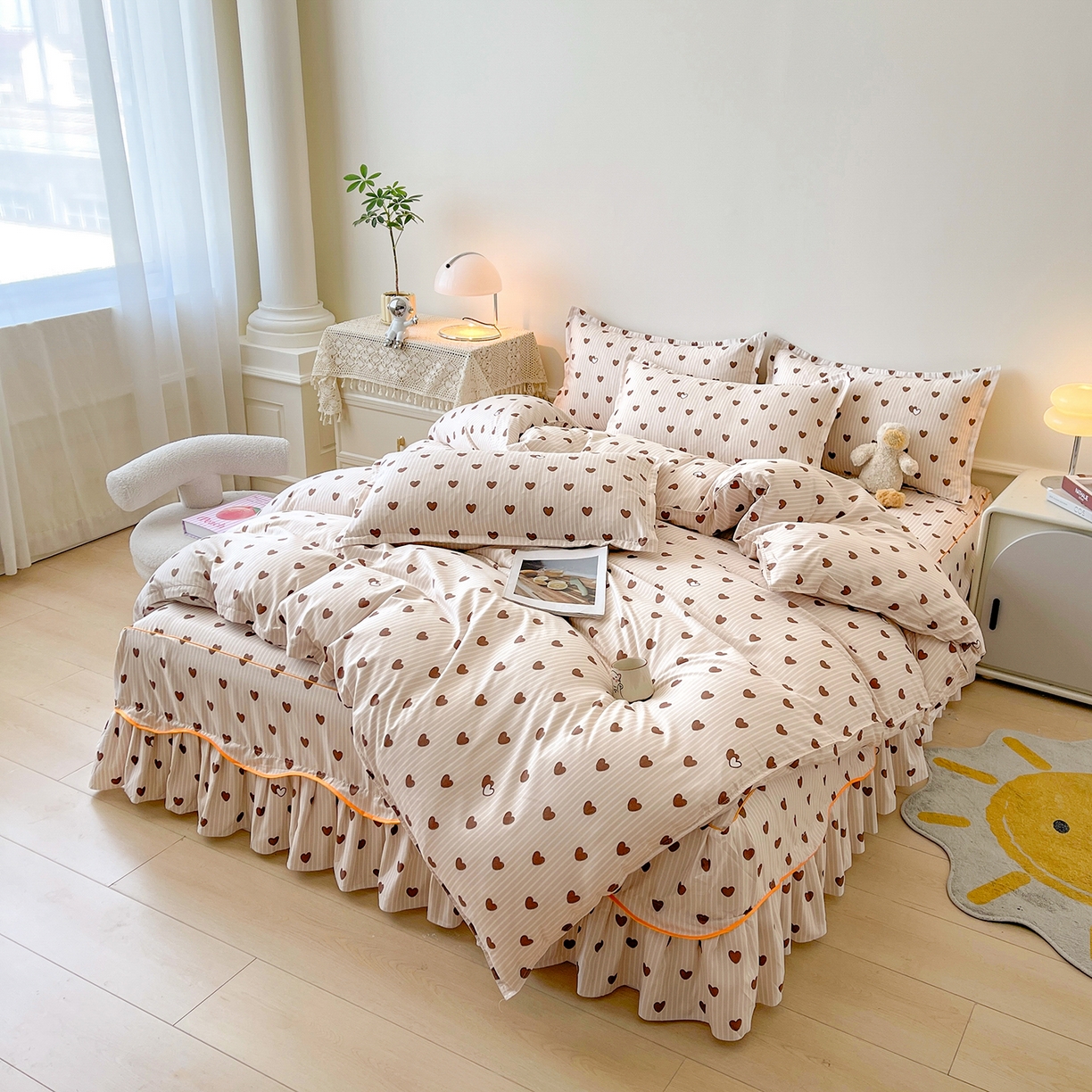 91家纺网 家纺一手货源 找家纺 笠裙家纺 2025新款A类水洗棉韩版S边花边印花床裙四件套 心意