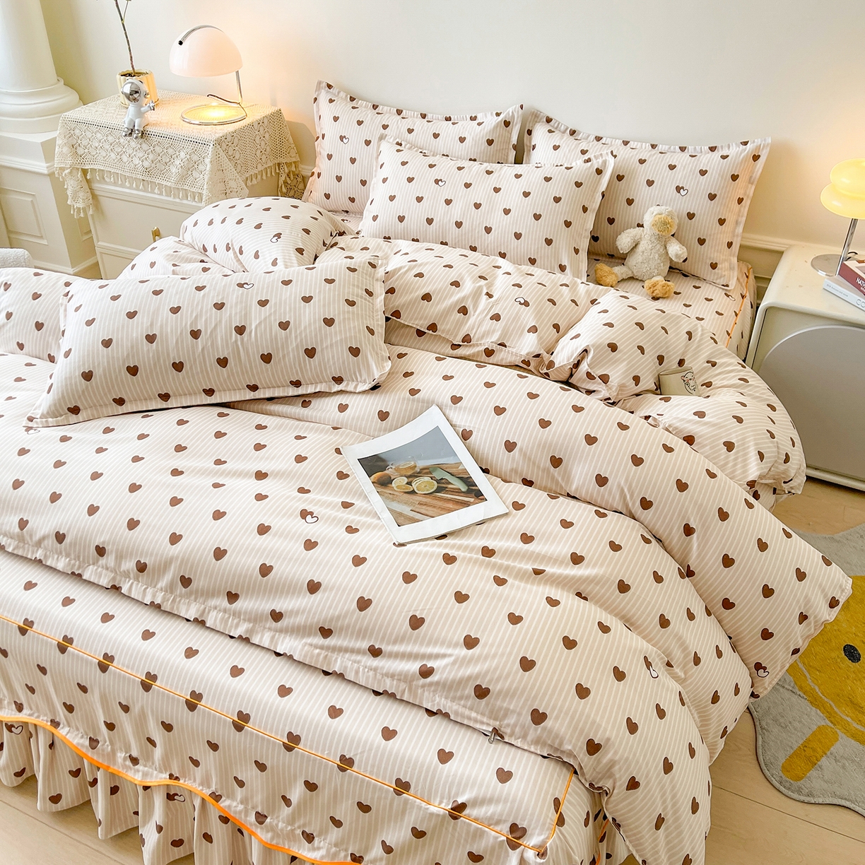 91家纺网 家纺一手货源 找家纺 笠裙家纺 2025新款A类水洗棉韩版S边花边印花床裙四件套 心意