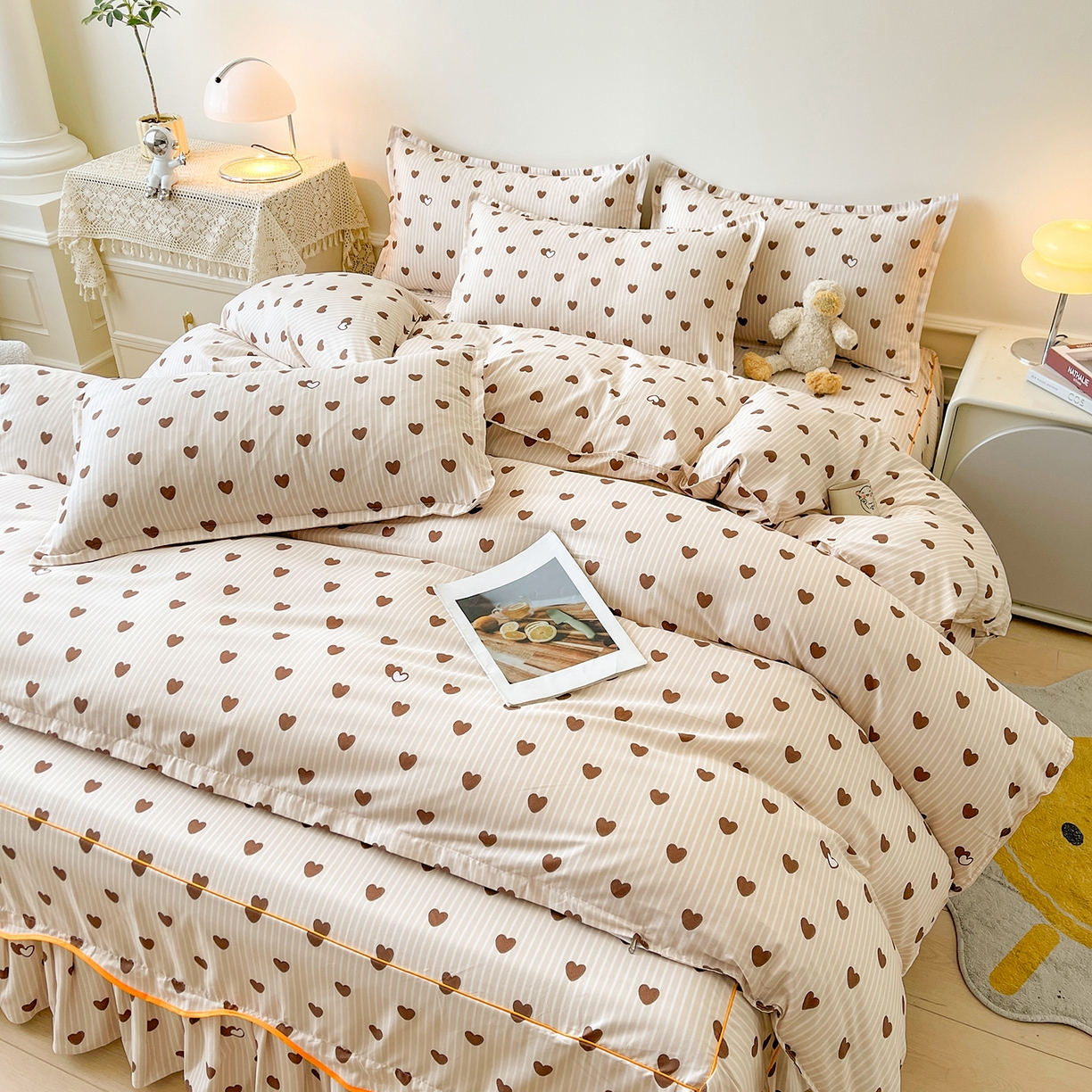 91家纺网 家纺一手货源 找家纺 笠裙家纺 2025新款A类水洗棉韩版S边花边印花床裙四件套 心意