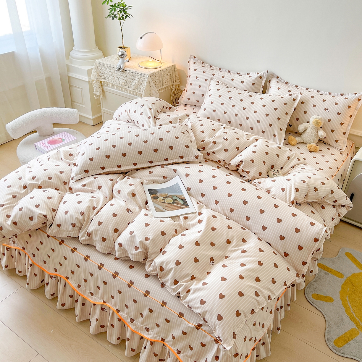 91家纺网 家纺一手货源 找家纺 笠裙家纺 2025新款A类水洗棉韩版S边花边印花床裙四件套 心意