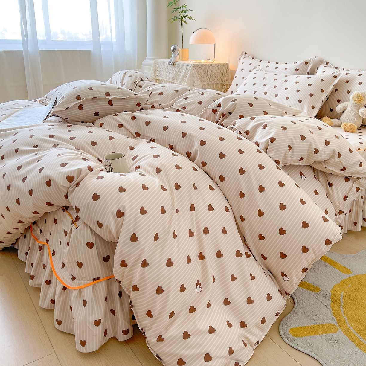 91家纺网 家纺一手货源 找家纺 笠裙家纺 2025新款A类水洗棉韩版S边花边印花床裙四件套 心意