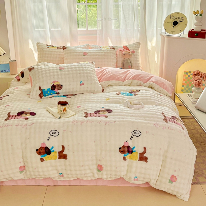 91家纺网 家纺一手货源 找家纺 梦纤绒 2025新款保暖舒适亲肤泡泡绒四件套 辣条狗