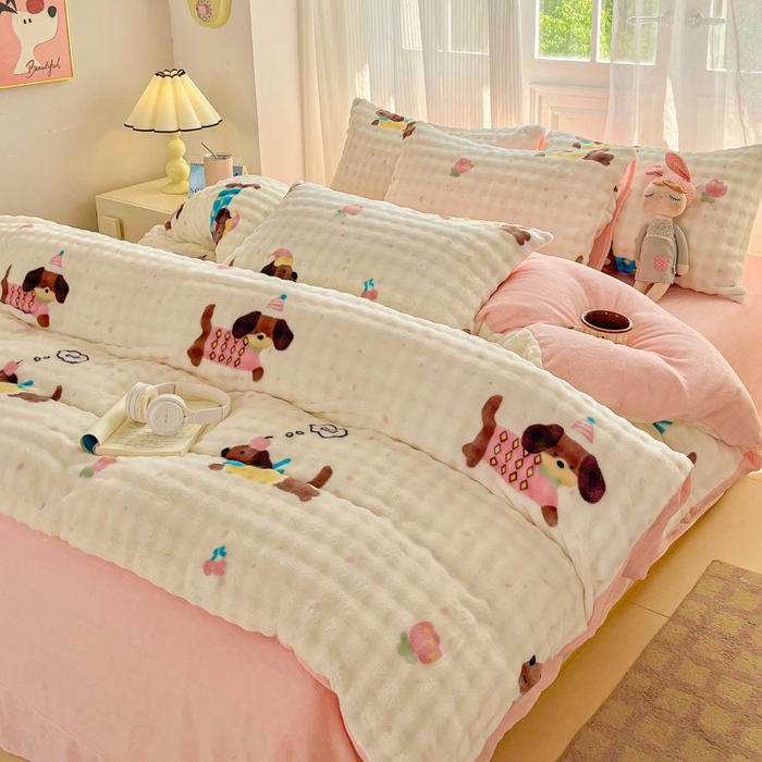 91家纺网 家纺一手货源 找家纺 梦纤绒 2025新款保暖舒适亲肤泡泡绒四件套 辣条狗