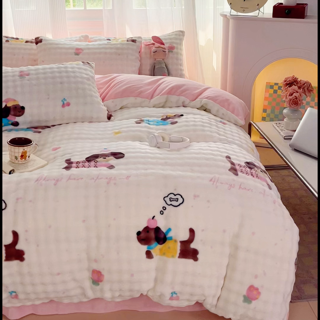 91家纺网 家纺一手货源 找家纺 梦纤绒 2025新款保暖舒适亲肤泡泡绒四件套 辣条狗