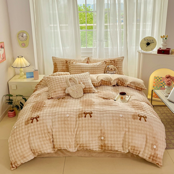 梦纤绒 2025新款保暖舒适亲肤泡泡绒四件套 领结云纹棕