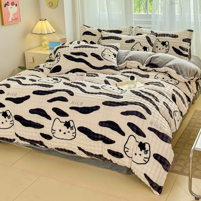 91家纺网 家纺一手货源 找家纺 梦纤绒 2025新款保暖舒适亲肤泡泡绒四件套 猫头斑马纹