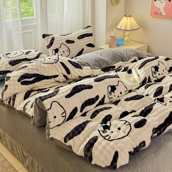 91家纺网 家纺一手货源 找家纺 梦纤绒 2025新款保暖舒适亲肤泡泡绒四件套 猫头斑马纹