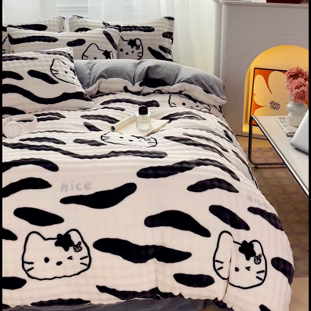 91家纺网 家纺一手货源 找家纺 梦纤绒 2025新款保暖舒适亲肤泡泡绒四件套 猫头斑马纹